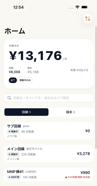 モバ管のホーム画面